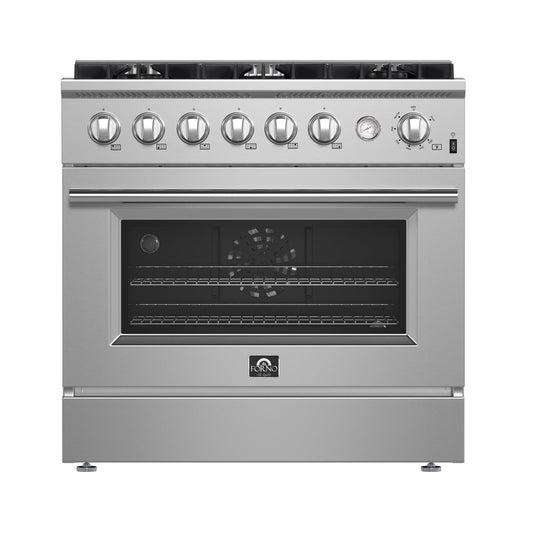 Forno Marco 36-Inch Freestanding Gas Range with 6 Sealed Burners, 5.36 cu. ft. Oven Capacity, Built-In Temperature Gauge, Stainless Steel (Model FFSGS6277-36)