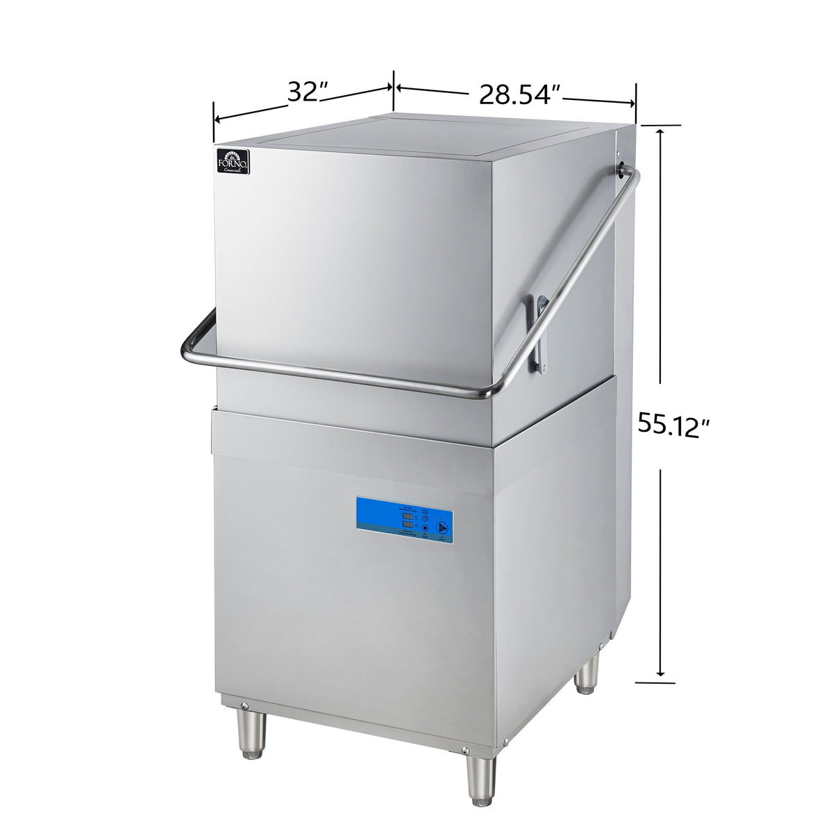 FORNO Commercial 28 Inch Hood-Type Dishwasher, 26 L Tank, 3 Wash Cycles, High-Temperature Sanitizing, Stainless Steel, FCMDW0031