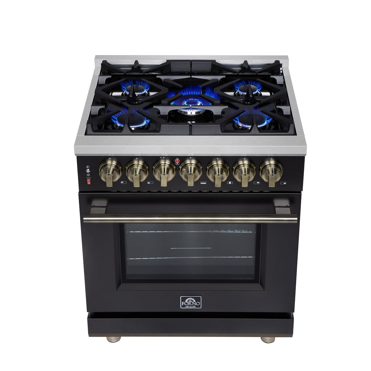 Forno Massimo 30-Inch Freestanding Dual Fuel Range, 4.32 cu. ft. Oven, 5 Sealed Burners, Air Fry Kit, Griddle, Wok Ring, Black with Antique Brass, Model FFSGS6125-30BLK