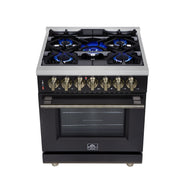 Forno Massimo 30-Inch Freestanding Dual Fuel Range, 4.32 cu. ft. Oven, 5 Sealed Burners, Air Fry Kit, Griddle, Wok Ring, Black with Antique Brass, Model FFSGS6125-30BLK