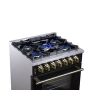 Forno Massimo 30-Inch Freestanding Dual Fuel Range, 4.32 cu. ft. Oven, 5 Sealed Burners, Air Fry Kit, Griddle, Wok Ring, Black with Antique Brass, Model FFSGS6125-30BLK