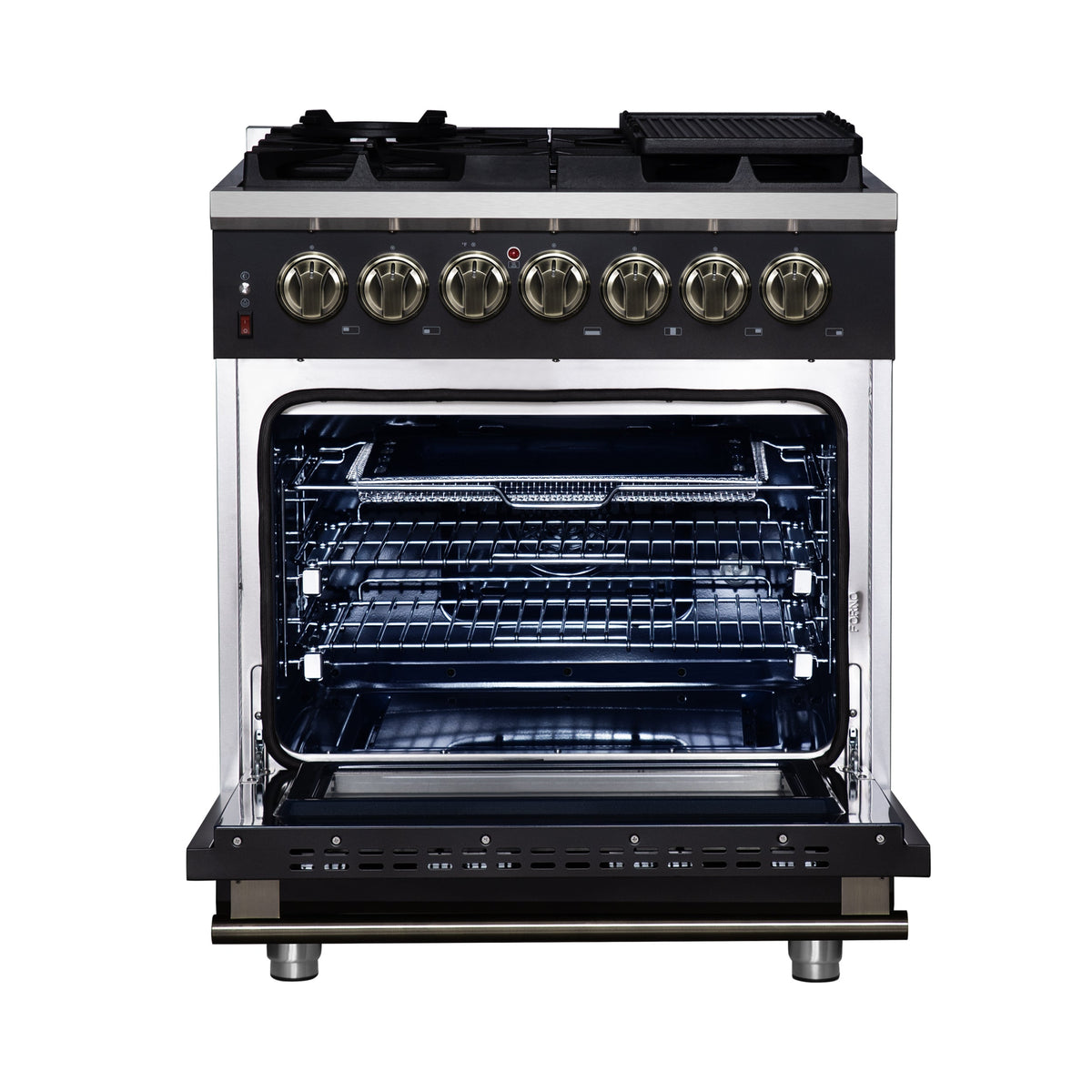 Forno Massimo 30-Inch Freestanding Dual Fuel Range, 4.32 cu. ft. Oven, 5 Sealed Burners, Air Fry Kit, Griddle, Wok Ring, Black with Antique Brass, Model FFSGS6125-30BLK