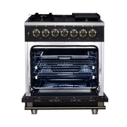 Forno Massimo 30-Inch Freestanding Dual Fuel Range, 4.32 cu. ft. Oven, 5 Sealed Burners, Air Fry Kit, Griddle, Wok Ring, Black with Antique Brass, Model FFSGS6125-30BLK