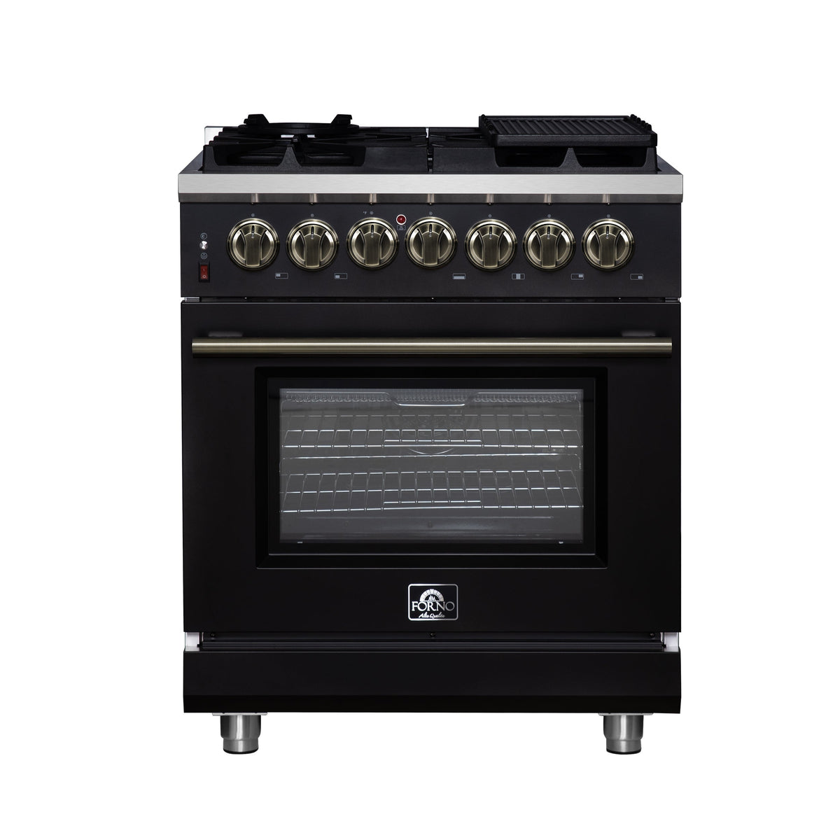 Forno Massimo 30-Inch Freestanding Dual Fuel Range, 4.32 cu. ft. Oven, 5 Sealed Burners, Air Fry Kit, Griddle, Wok Ring, Black with Antique Brass, Model FFSGS6125-30BLK