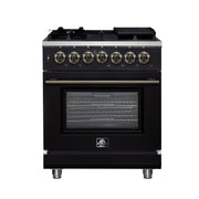 Forno Massimo 30-Inch Freestanding Dual Fuel Range, 4.32 cu. ft. Oven, 5 Sealed Burners, Air Fry Kit, Griddle, Wok Ring, Black with Antique Brass, Model FFSGS6125-30BLK