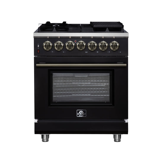 Forno Massimo 30-Inch Freestanding Dual Fuel Range, 4.32 cu. ft. Oven, 5 Sealed Burners, Air Fry Kit, Griddle, Wok Ring, Black with Antique Brass, Model FFSGS6125-30BLK