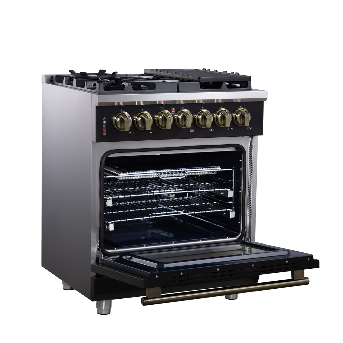 Forno Massimo 30-Inch Freestanding Dual Fuel Range, 4.32 cu. ft. Oven, 5 Sealed Burners, Air Fry Kit, Griddle, Wok Ring, Black with Antique Brass, Model FFSGS6125-30BLK