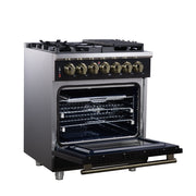 Forno Massimo 30-Inch Freestanding Dual Fuel Range, 4.32 cu. ft. Oven, 5 Sealed Burners, Air Fry Kit, Griddle, Wok Ring, Black with Antique Brass, Model FFSGS6125-30BLK