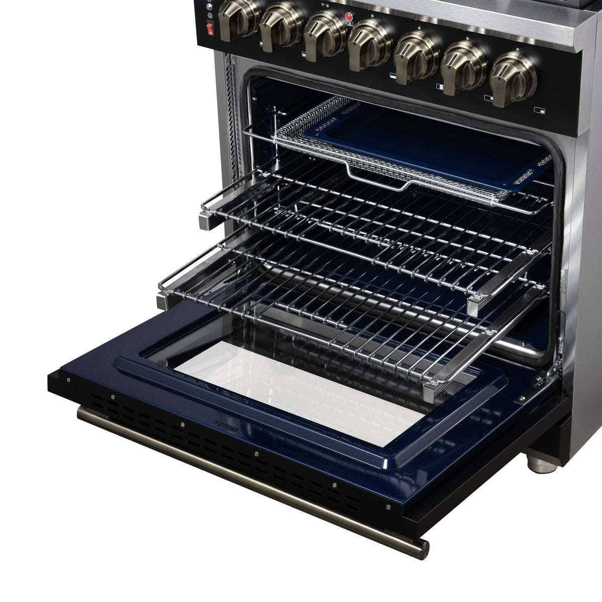 Forno Massimo 30-Inch Freestanding Dual Fuel Range, 4.32 cu. ft. Oven, 5 Sealed Burners, Air Fry Kit, Griddle, Wok Ring, Black with Antique Brass, Model FFSGS6125-30BLK
