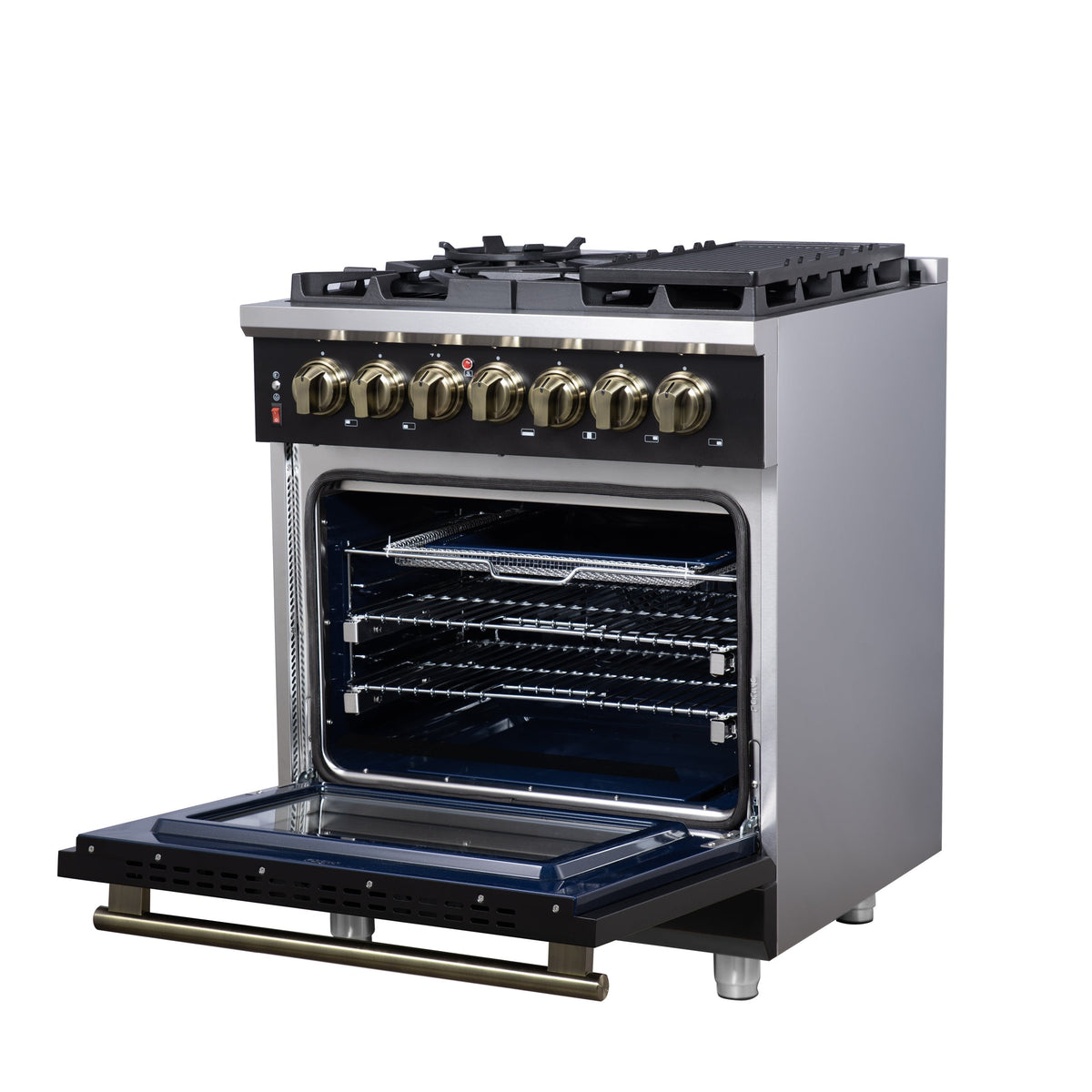 Forno Massimo 30-Inch Freestanding Dual Fuel Range, 4.32 cu. ft. Oven, 5 Sealed Burners, Air Fry Kit, Griddle, Wok Ring, Black with Antique Brass, Model FFSGS6125-30BLK