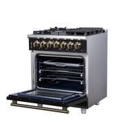 Forno Massimo 30-Inch Freestanding Dual Fuel Range, 4.32 cu. ft. Oven, 5 Sealed Burners, Air Fry Kit, Griddle, Wok Ring, Black with Antique Brass, Model FFSGS6125-30BLK