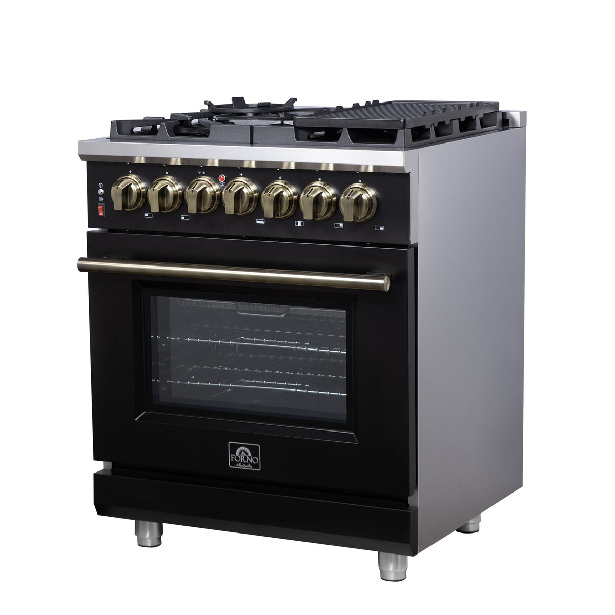 Forno Massimo 30-Inch Freestanding Dual Fuel Range, 4.32 cu. ft. Oven, 5 Sealed Burners, Air Fry Kit, Griddle, Wok Ring, Black with Antique Brass, Model FFSGS6125-30BLK