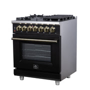 Forno Massimo 30-Inch Freestanding Dual Fuel Range, 4.32 cu. ft. Oven, 5 Sealed Burners, Air Fry Kit, Griddle, Wok Ring, Black with Antique Brass, Model FFSGS6125-30BLK