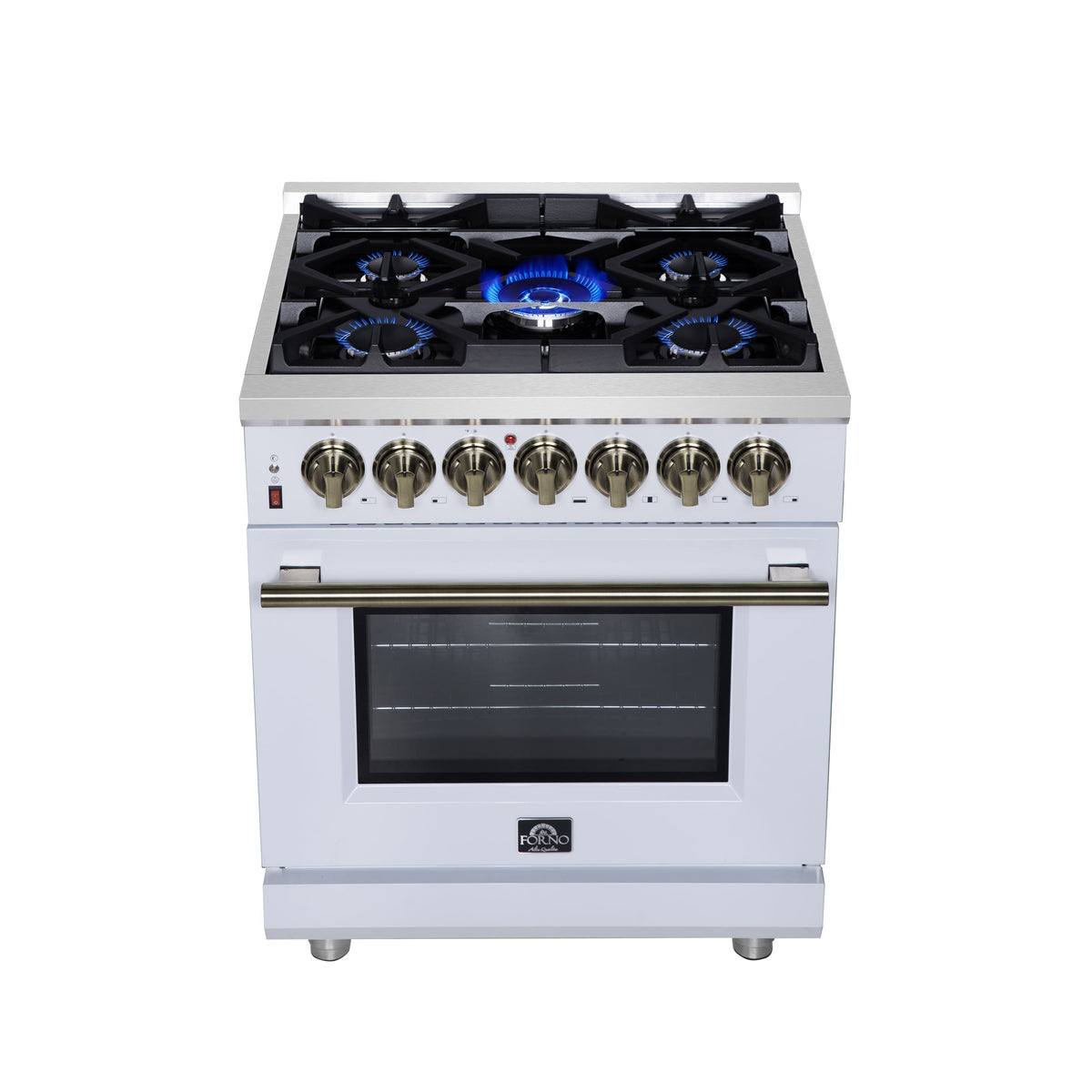 Forno Massimo 30-Inch Freestanding Dual Fuel Range, 4.32 cu. ft., 5 Sealed Burners, Air Fryer Kit, Wok Ring & Griddle, White with Antique Brass Accents (Model FFSGS6125-30WHT)