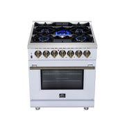 Forno Massimo 30-Inch Freestanding Dual Fuel Range, 4.32 cu. ft., 5 Sealed Burners, Air Fryer Kit, Wok Ring & Griddle, White with Antique Brass Accents (Model FFSGS6125-30WHT)