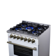 Forno Massimo 30-Inch Freestanding Dual Fuel Range, 4.32 cu. ft., 5 Sealed Burners, Air Fryer Kit, Wok Ring & Griddle, White with Antique Brass Accents (Model FFSGS6125-30WHT)