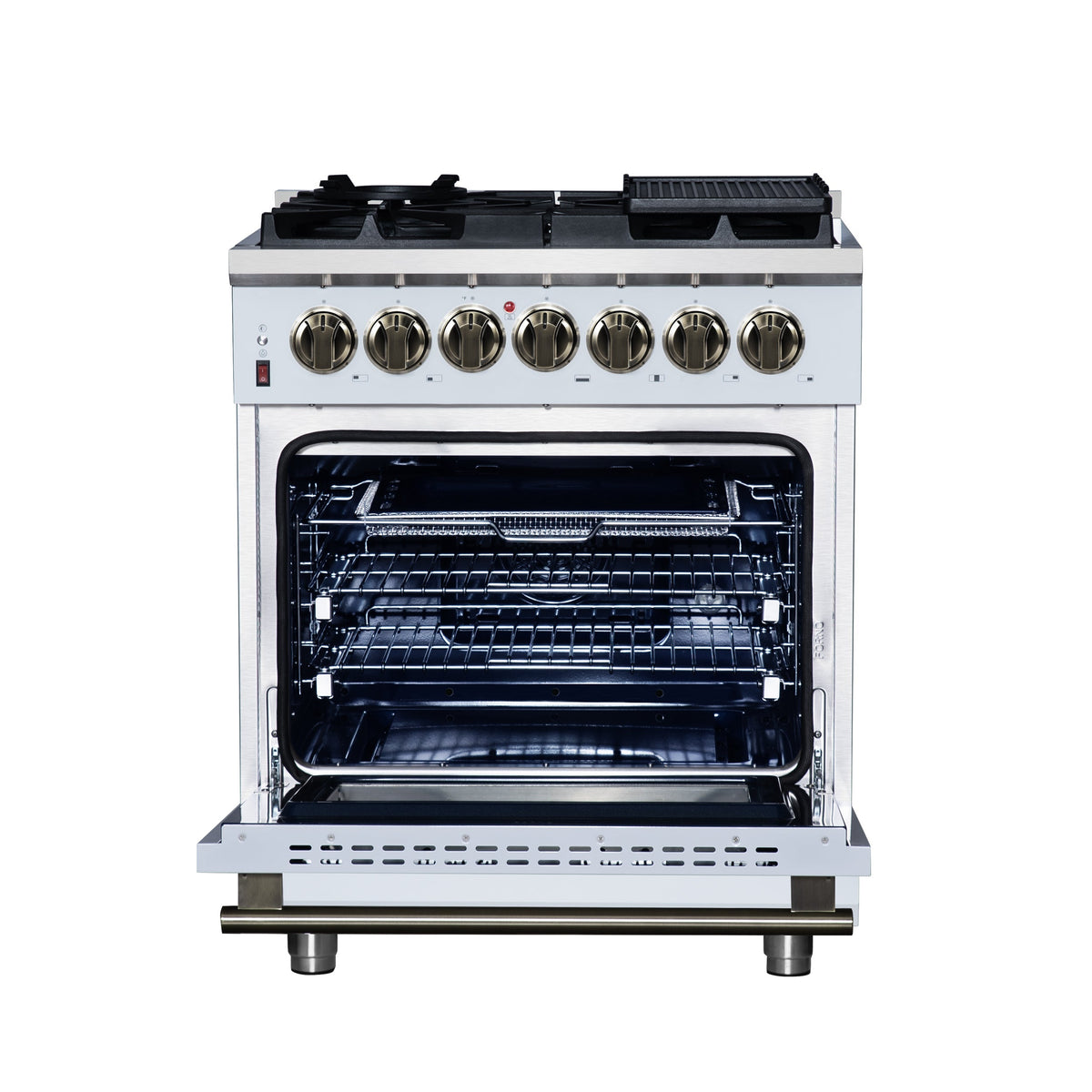 Forno Massimo 30-Inch Freestanding Dual Fuel Range, 4.32 cu. ft., 5 Sealed Burners, Air Fryer Kit, Wok Ring & Griddle, White with Antique Brass Accents (Model FFSGS6125-30WHT)