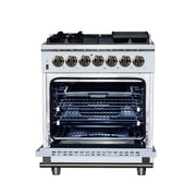 Forno Massimo 30-Inch Freestanding Dual Fuel Range, 4.32 cu. ft., 5 Sealed Burners, Air Fryer Kit, Wok Ring & Griddle, White with Antique Brass Accents (Model FFSGS6125-30WHT)