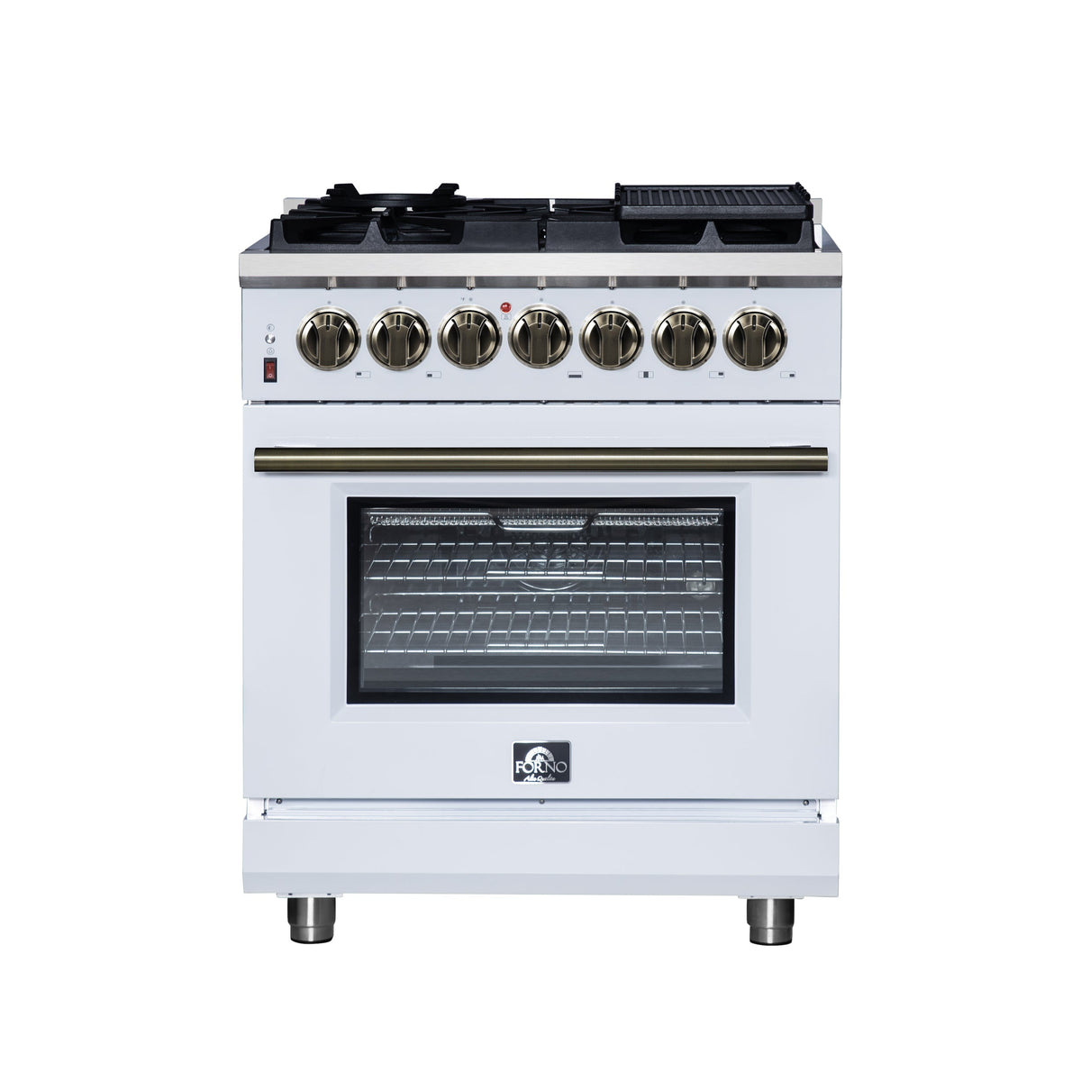 Forno Massimo 30-Inch Freestanding Dual Fuel Range, 4.32 cu. ft., 5 Sealed Burners, Air Fryer Kit, Wok Ring & Griddle, White with Antique Brass Accents (Model FFSGS6125-30WHT)