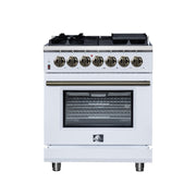 Forno Massimo 30-Inch Freestanding Dual Fuel Range, 4.32 cu. ft., 5 Sealed Burners, Air Fryer Kit, Wok Ring & Griddle, White with Antique Brass Accents (Model FFSGS6125-30WHT)