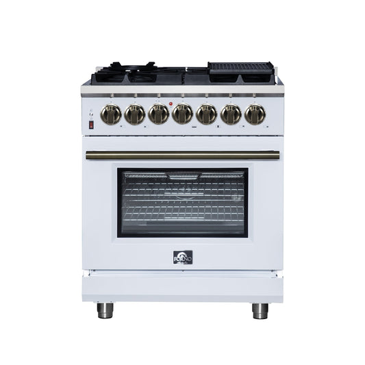 Forno Massimo 30-Inch Freestanding Dual Fuel Range, 4.32 cu. ft., 5 Sealed Burners, Air Fryer Kit, Wok Ring & Griddle, White with Antique Brass Accents (Model FFSGS6125-30WHT)
