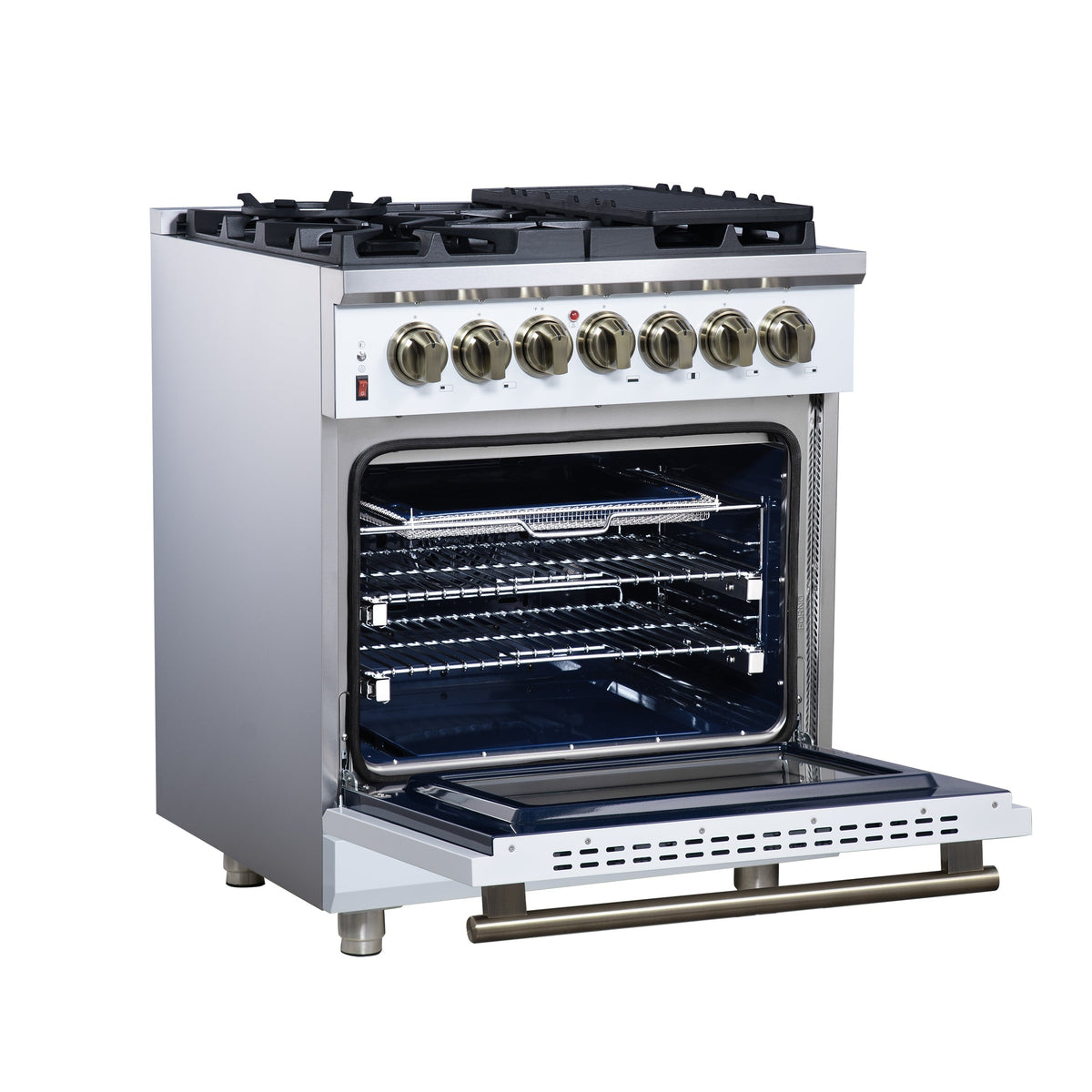 Forno Massimo 30-Inch Freestanding Dual Fuel Range, 4.32 cu. ft., 5 Sealed Burners, Air Fryer Kit, Wok Ring & Griddle, White with Antique Brass Accents (Model FFSGS6125-30WHT)
