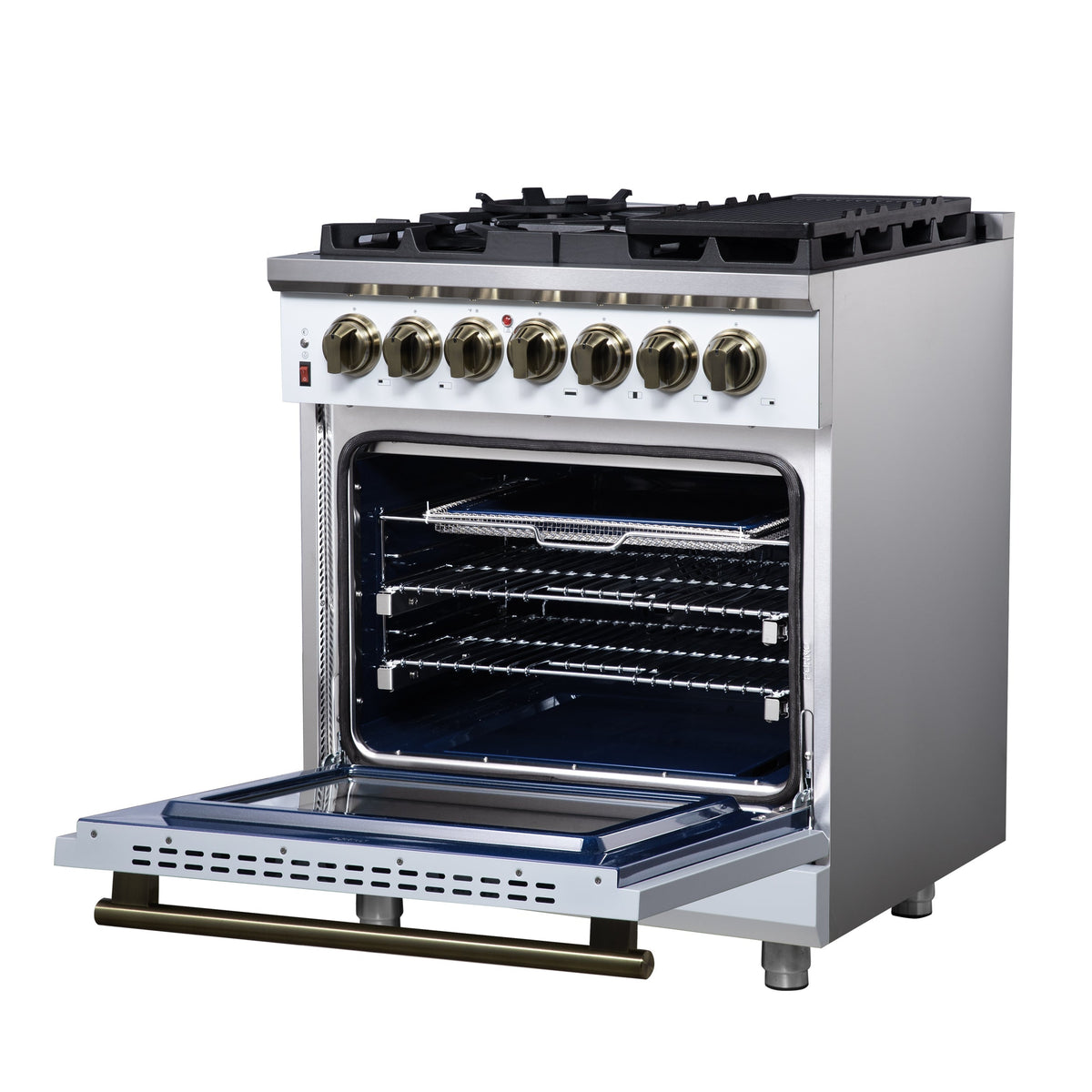 Forno Massimo 30-Inch Freestanding Dual Fuel Range, 4.32 cu. ft., 5 Sealed Burners, Air Fryer Kit, Wok Ring & Griddle, White with Antique Brass Accents (Model FFSGS6125-30WHT)
