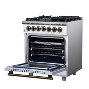 Forno Massimo 30-Inch Freestanding Dual Fuel Range, 4.32 cu. ft., 5 Sealed Burners, Air Fryer Kit, Wok Ring & Griddle, White with Antique Brass Accents (Model FFSGS6125-30WHT)