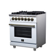 Forno Massimo 30-Inch Freestanding Dual Fuel Range, 4.32 cu. ft., 5 Sealed Burners, Air Fryer Kit, Wok Ring & Griddle, White with Antique Brass Accents (Model FFSGS6125-30WHT)