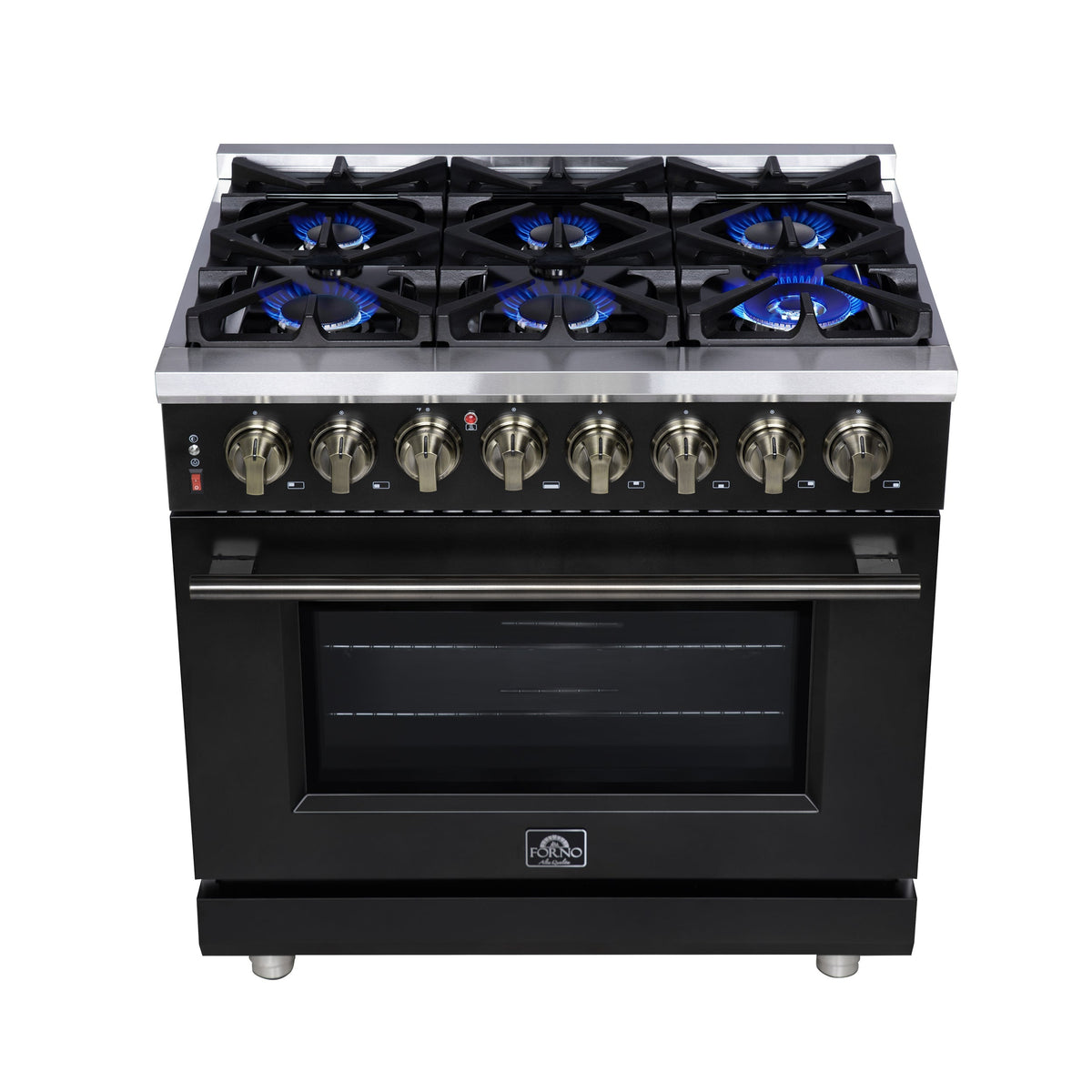 Forno Massimo 36-Inch Freestanding Dual Fuel Range, 6 Sealed Burners, 5.36 cu. ft. Convection Oven, Air Fry Kit, Wok Ring & Reversible Griddle, White with Brass Accents (Model FFSGS6125-36)