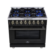 Forno Massimo 36-Inch Freestanding Dual Fuel Range, 6 Sealed Burners, 5.36 cu. ft. Convection Oven, Air Fry Kit, Wok Ring & Reversible Griddle, White with Brass Accents (Model FFSGS6125-36)