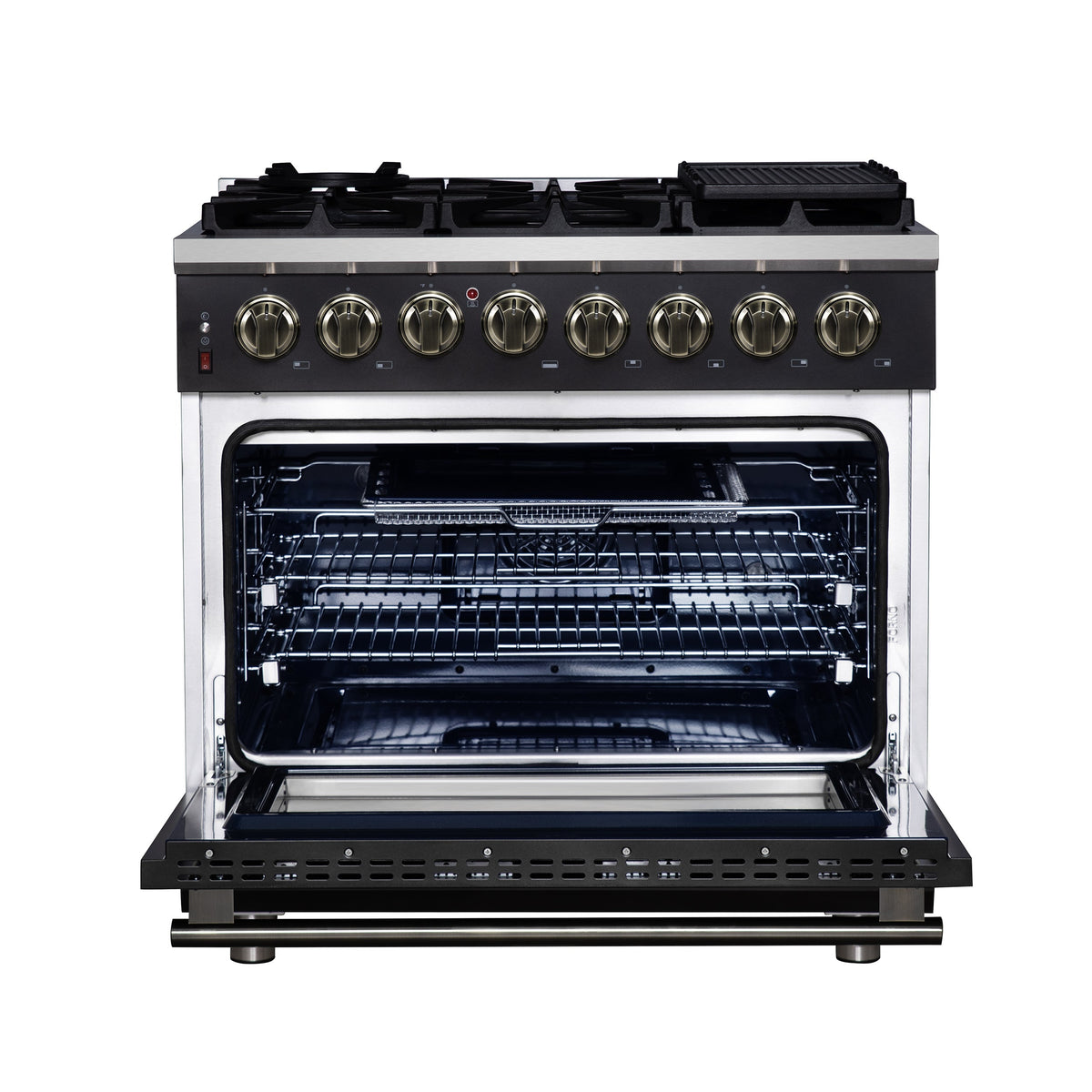 Forno Massimo 36-Inch Freestanding Dual Fuel Range, 6 Sealed Burners, 5.36 cu. ft. Convection Oven, Air Fry Kit, Wok Ring & Reversible Griddle, White with Brass Accents (Model FFSGS6125-36)