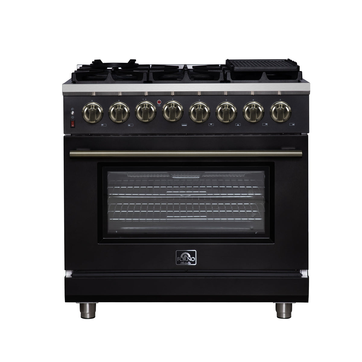 Forno Massimo 36-Inch Freestanding Dual Fuel Range, 6 Sealed Burners, 5.36 cu. ft. Convection Oven, Air Fry Kit, Wok Ring & Reversible Griddle, White with Brass Accents (Model FFSGS6125-36)