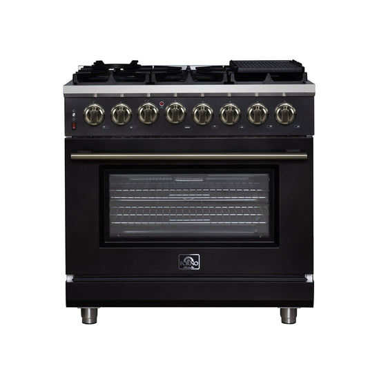 Forno Massimo 36-Inch Freestanding Dual Fuel Range, 6 Sealed Burners, 5.36 cu. ft. Convection Oven, Air Fry Kit, Wok Ring & Reversible Griddle, White with Brass Accents (Model FFSGS6125-36)