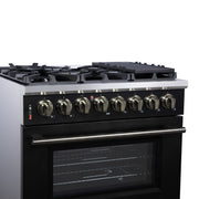 Forno Massimo 36-Inch Freestanding Dual Fuel Range, 6 Sealed Burners, 5.36 cu. ft. Convection Oven, Air Fry Kit, Wok Ring & Reversible Griddle, White with Brass Accents (Model FFSGS6125-36)