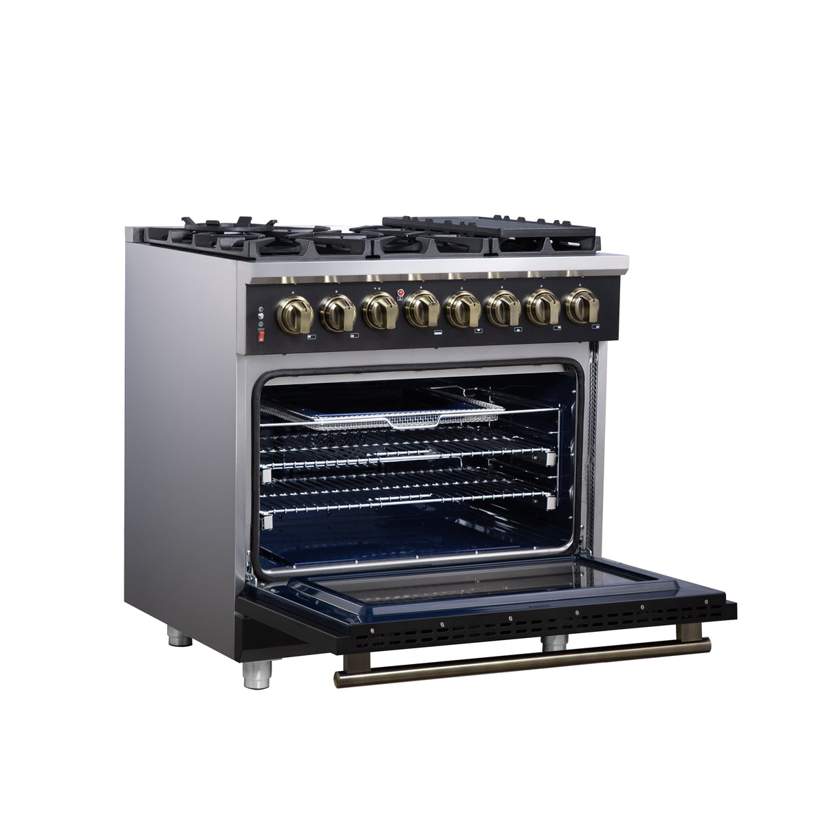 Forno Massimo 36-Inch Freestanding Dual Fuel Range, 6 Sealed Burners, 5.36 cu. ft. Convection Oven, Air Fry Kit, Wok Ring & Reversible Griddle, White with Brass Accents (Model FFSGS6125-36)