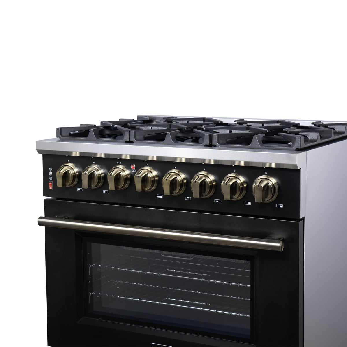 Forno Massimo 36-Inch Freestanding Dual Fuel Range, 6 Sealed Burners, 5.36 cu. ft. Convection Oven, Air Fry Kit, Wok Ring & Reversible Griddle, White with Brass Accents (Model FFSGS6125-36)