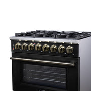 Forno Massimo 36-Inch Freestanding Dual Fuel Range, 6 Sealed Burners, 5.36 cu. ft. Convection Oven, Air Fry Kit, Wok Ring & Reversible Griddle, White with Brass Accents (Model FFSGS6125-36)