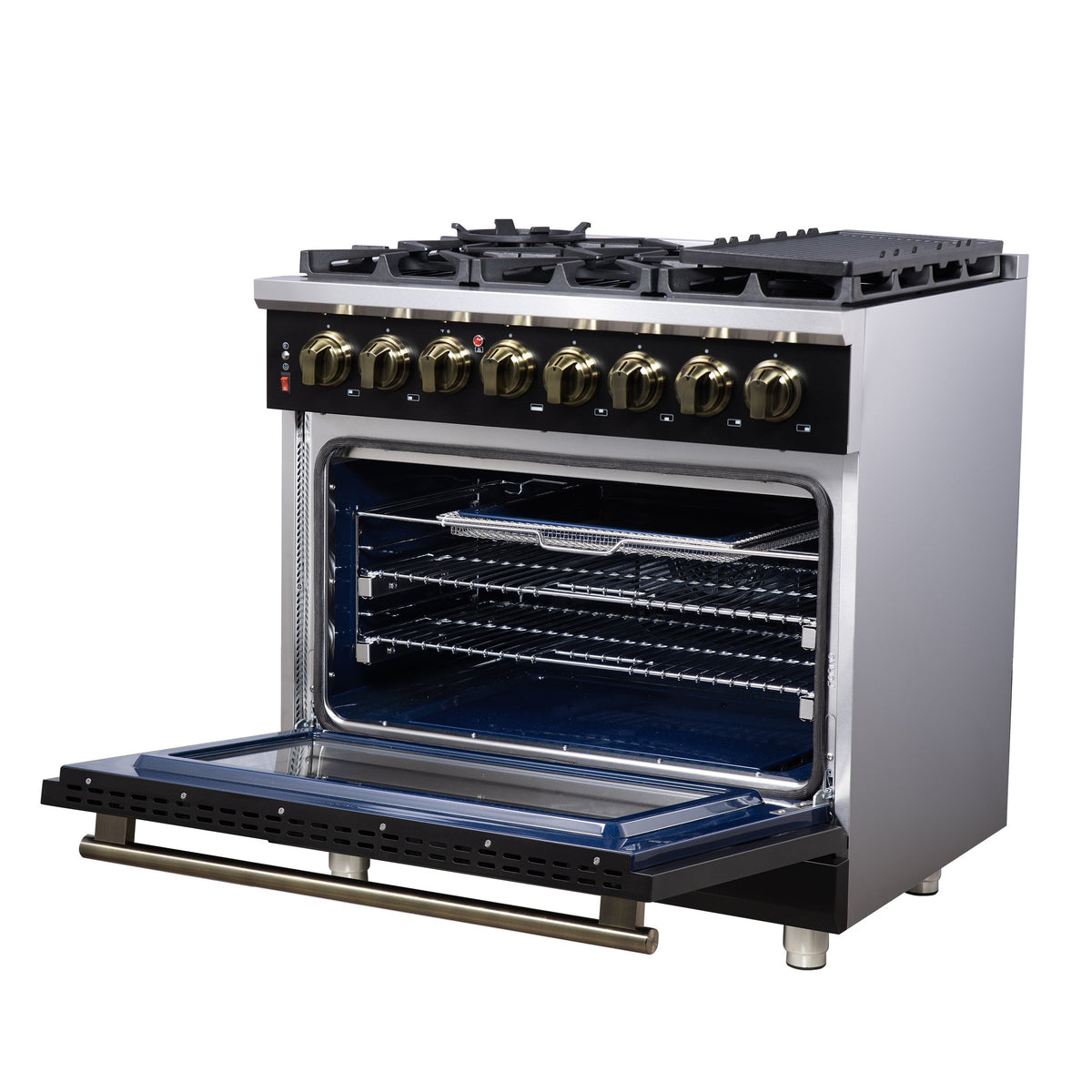 Forno Massimo 36-Inch Freestanding Dual Fuel Range, 6 Sealed Burners, 5.36 cu. ft. Convection Oven, Air Fry Kit, Wok Ring & Reversible Griddle, White with Brass Accents (Model FFSGS6125-36)
