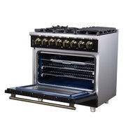 Forno Massimo 36-Inch Freestanding Dual Fuel Range, 6 Sealed Burners, 5.36 cu. ft. Convection Oven, Air Fry Kit, Wok Ring & Reversible Griddle, White with Brass Accents (Model FFSGS6125-36)