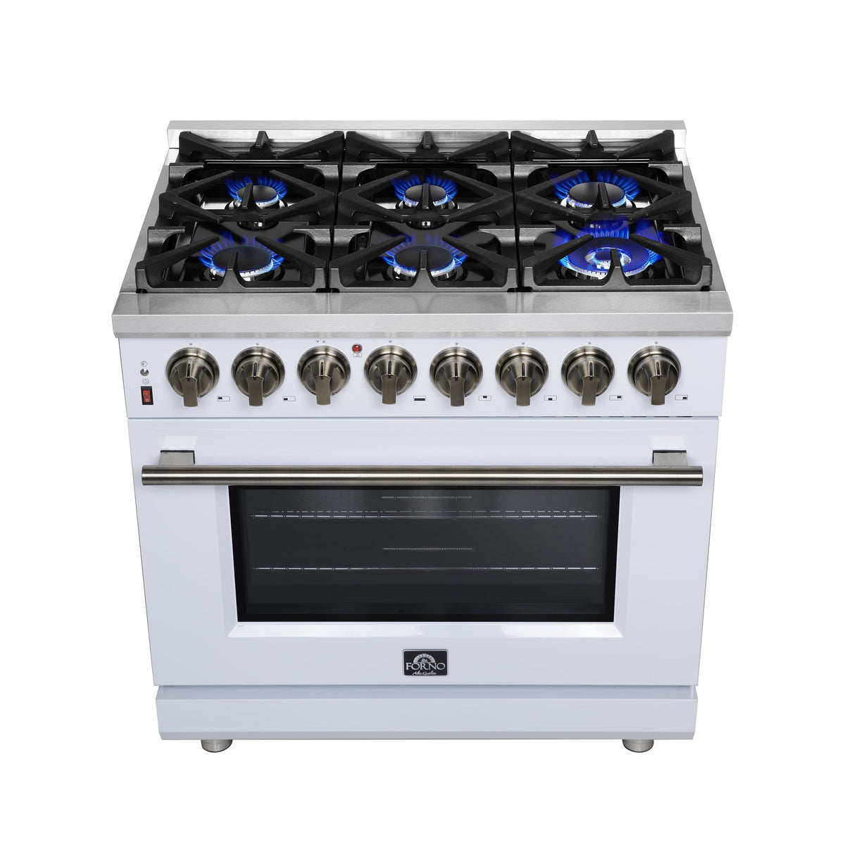 FORNO Massimo 36-Inch Freestanding Dual Fuel Range, 6 Sealed Burners, 5.36 cu. ft. Convection Oven, Air Fry Basket, Wok Support, Griddle, Black with Antique Brass Accents (Model FFSGS6125-36WHT)
