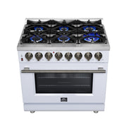 FORNO Massimo 36-Inch Freestanding Dual Fuel Range, 6 Sealed Burners, 5.36 cu. ft. Convection Oven, Air Fry Basket, Wok Support, Griddle, Black with Antique Brass Accents (Model FFSGS6125-36WHT)