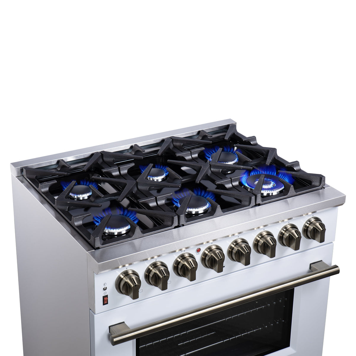 FORNO Massimo 36-Inch Freestanding Dual Fuel Range, 6 Sealed Burners, 5.36 cu. ft. Convection Oven, Air Fry Basket, Wok Support, Griddle, Black with Antique Brass Accents (Model FFSGS6125-36WHT)