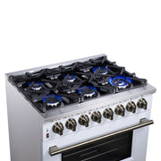 FORNO Massimo 36-Inch Freestanding Dual Fuel Range, 6 Sealed Burners, 5.36 cu. ft. Convection Oven, Air Fry Basket, Wok Support, Griddle, Black with Antique Brass Accents (Model FFSGS6125-36WHT)
