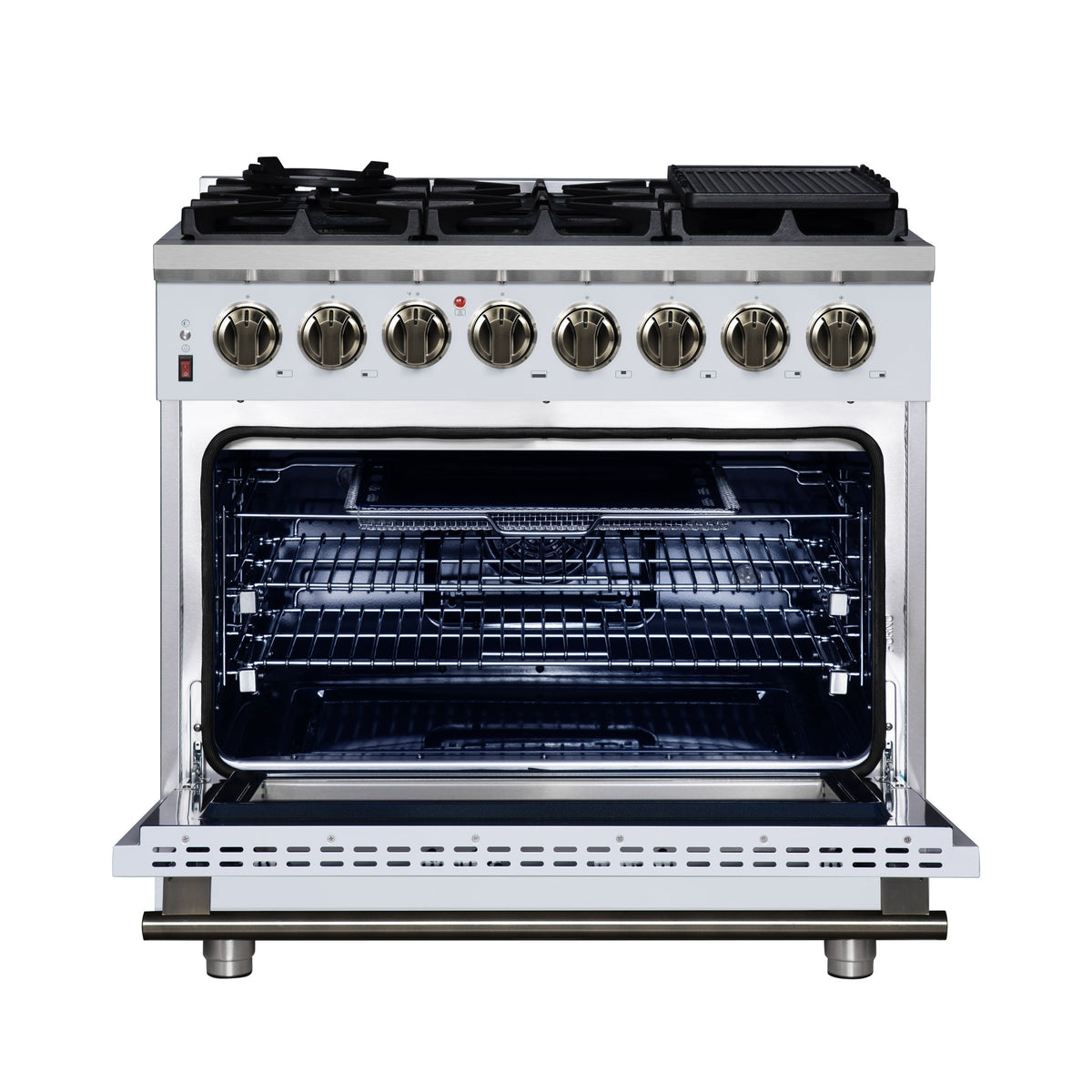 FORNO Massimo 36-Inch Freestanding Dual Fuel Range, 6 Sealed Burners, 5.36 cu. ft. Convection Oven, Air Fry Basket, Wok Support, Griddle, Black with Antique Brass Accents (Model FFSGS6125-36WHT)