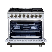 FORNO Massimo 36-Inch Freestanding Dual Fuel Range, 6 Sealed Burners, 5.36 cu. ft. Convection Oven, Air Fry Basket, Wok Support, Griddle, Black with Antique Brass Accents (Model FFSGS6125-36WHT)