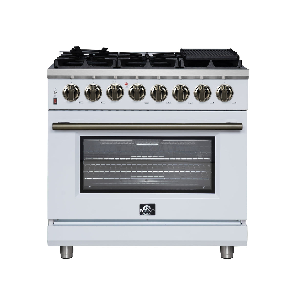FORNO Massimo 36-Inch Freestanding Dual Fuel Range, 6 Sealed Burners, 5.36 cu. ft. Convection Oven, Air Fry Basket, Wok Support, Griddle, Black with Antique Brass Accents (Model FFSGS6125-36WHT)
