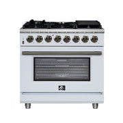 FORNO Massimo 36-Inch Freestanding Dual Fuel Range, 6 Sealed Burners, 5.36 cu. ft. Convection Oven, Air Fry Basket, Wok Support, Griddle, Black with Antique Brass Accents (Model FFSGS6125-36WHT)