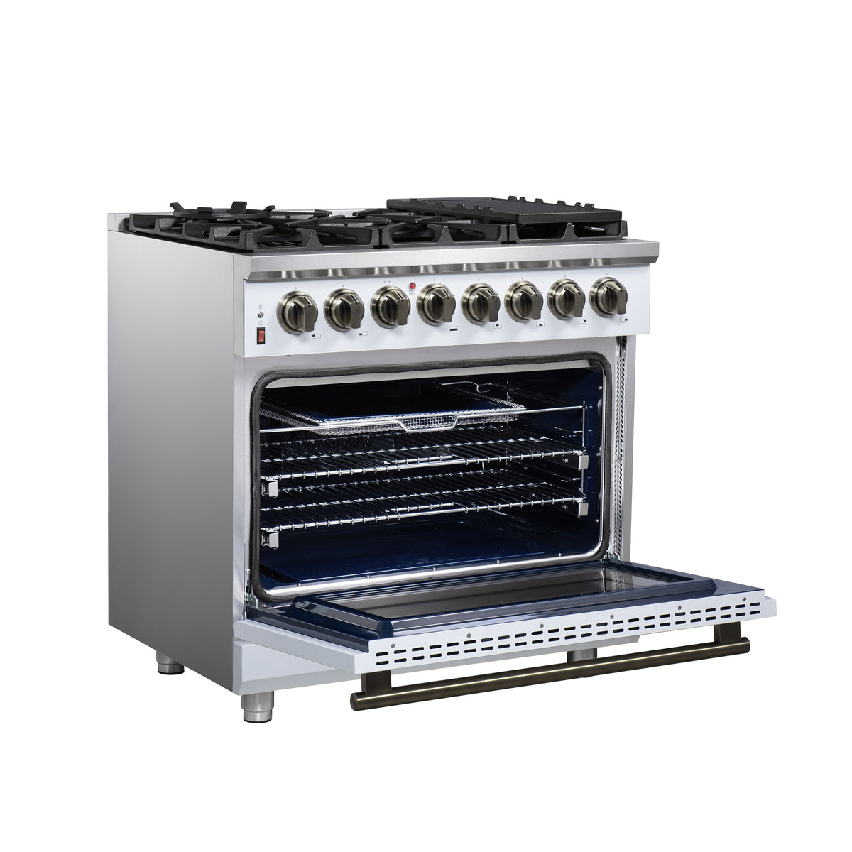 FORNO Massimo 36-Inch Freestanding Dual Fuel Range, 6 Sealed Burners, 5.36 cu. ft. Convection Oven, Air Fry Basket, Wok Support, Griddle, Black with Antique Brass Accents (Model FFSGS6125-36WHT)