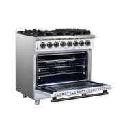 FORNO Massimo 36-Inch Freestanding Dual Fuel Range, 6 Sealed Burners, 5.36 cu. ft. Convection Oven, Air Fry Basket, Wok Support, Griddle, Black with Antique Brass Accents (Model FFSGS6125-36WHT)